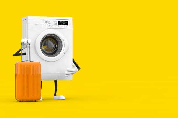 istock Modern White Washing Machine Character Mascot with Orange Travel Suitcase. 3d Rendering 1288152393