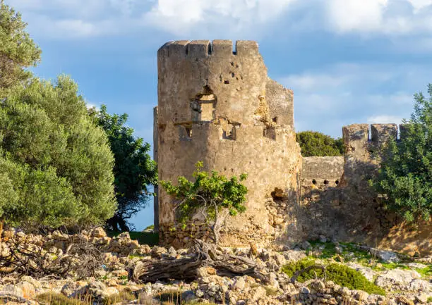 Photo of Ruins of the venetian Loutro fortress on hiking path to the rremote esort village of Loutro in the Sfakia region of Southern Crete, Greece