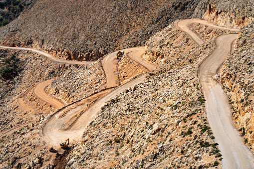 Breathtakingly steep and curvy roads climbing the coastal cliffs of the Sfakia region of Southern Crete, Greece