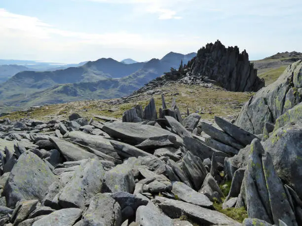 Summit of Glyder Fach with the Castle of the Winds rock formations and Mount Snowdon behind.