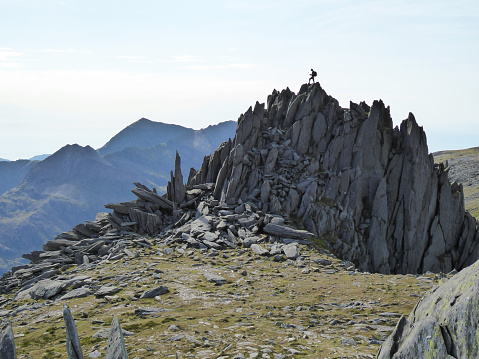 Glyder fach summit, Castle of the Winds with Snowdon in the background.