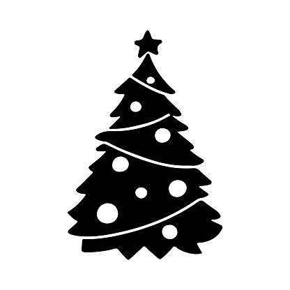 Hand drawn silhouette doodle Christmas Tree isolated on white background. Vector outline illustration. Design for holiday cards, backgrounds, ornaments, decoration, banner, flyer