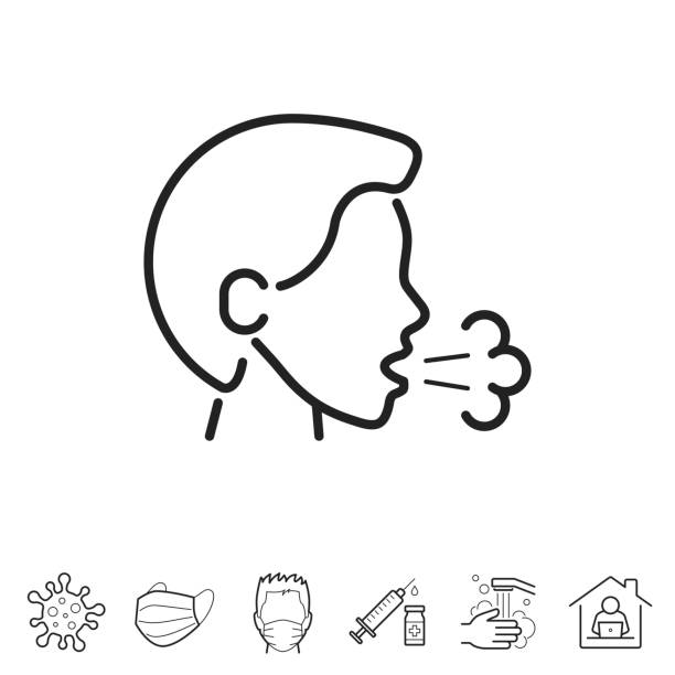 illustrazioni stock, clip art, cartoni animati e icone di tendenza di tosse. icona linea - tratto modificabile - spitting