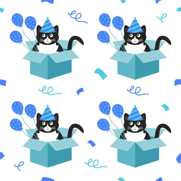 Vector illustration of Cute black and white cat sitting in a cardboard box in a blue cap with blue balloons. Birthday seamless pattern.