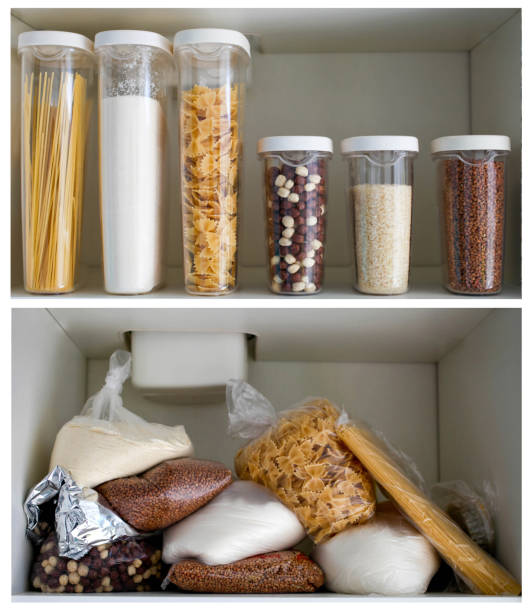 istock Kitchen cabinet collage before and after organization. Stocked kitchen pantry with food - pasta, buckwheat, rice and sugar . The organization and storage in kitchen of a case with grain in plastic containers. 1288156989