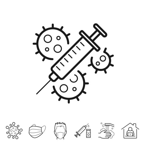 코로나바이러스 코비드-19 백신. 선 아이콘 - 편집 가능한 스트로크 - medical injection syringe icon set symbol stock illustrations