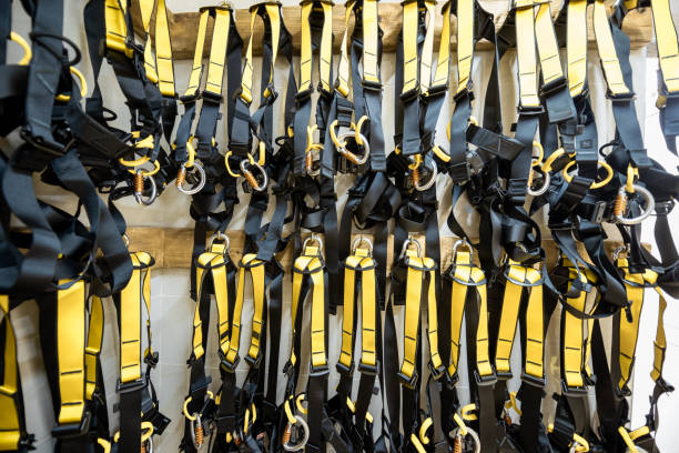 istock Professional climbing equipment hanging indoors 1288159267