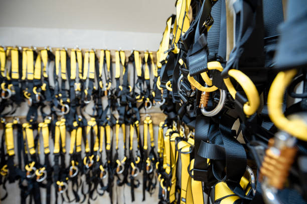 istock Professional climbing equipment hanging indoors 1288159270