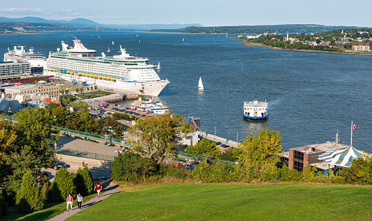 Quebec city, Quebec, Canada - 2018-09-16 : Cruises ships, on the St. Lawrence river, in the harbor of Quebec city, Canada.