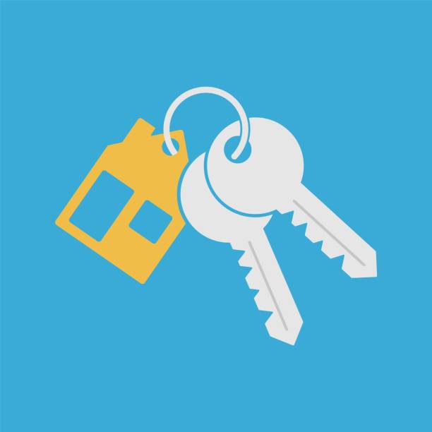 Bunch key icon with trinket. House key chain with two keys on blue background. Vector Bunch key icon with trinket. House key chain with two keys on blue background. Vector key illustrations stock illustrations