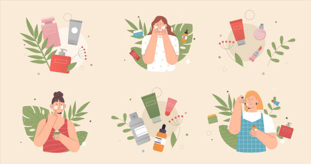 Skin care scenes. Cute young woman applies cream and cleansing or moisturizing her skin. The concept of organic natural cosmetics. Flat style vector illustration. Skin care scenes. Cute young woman applies cream and cleansing or moisturizing her skin. The concept of organic natural cosmetics. home fragrance stock illustrations