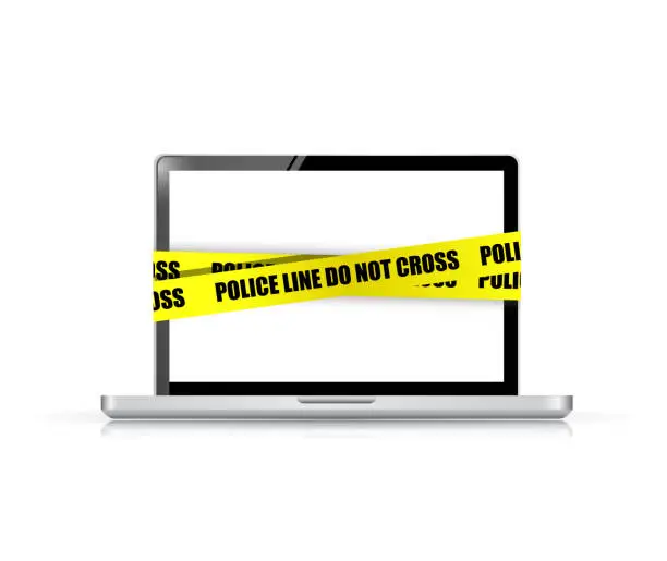 Vector illustration of Police line do not cross laptop. cyber crime