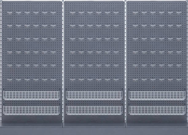 Metal rack with hooks and baskets for supermarket
