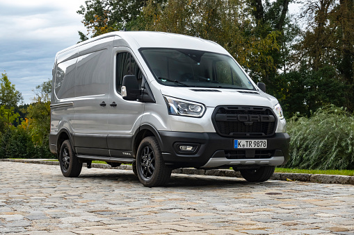 Munich, Germany - 6th October, 2020: Ford Transit Trail parked on a road. This model is one of the most popular delivery vans in Europe.