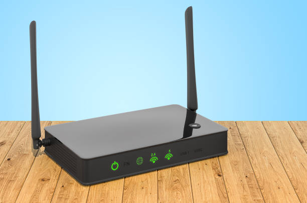 istock Wireless internet router on the wooden planks, 3D rendering 1288170224