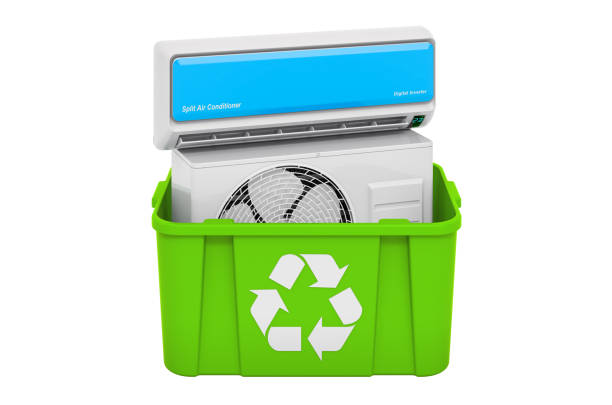 istock Recycling trashcan with air conditioner, 3D rendering isolated on white background 1288170247