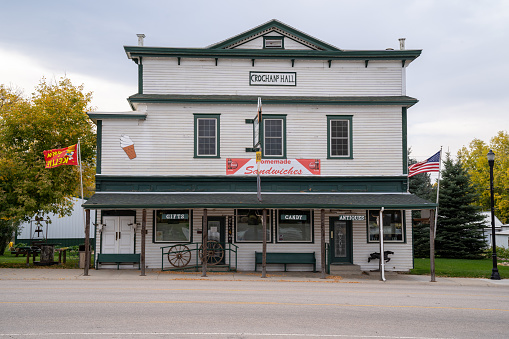 Dayton, Wyoming - September 25, 2020: Historical building and mercantile at Crochans Hall, selling gifts, antiques and candy
