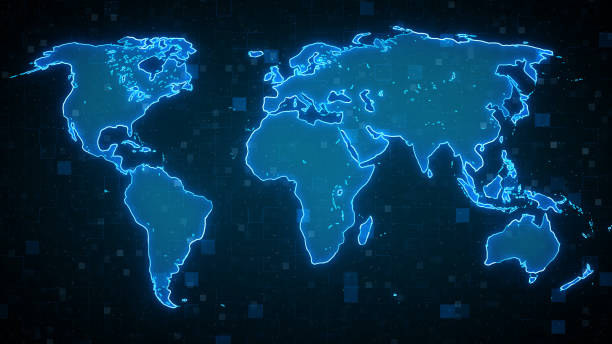 istock Digital World Map Hologram abstract background of digital futuristic hud interface display 3D rendering 1288177078