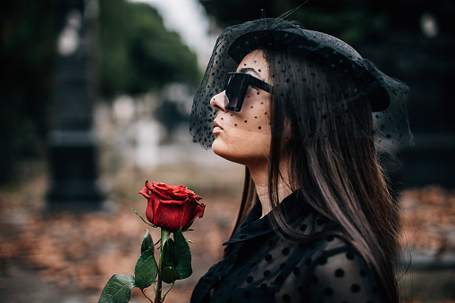 One young sad woman, widow, visiting a loved one at the cemetery. Paying respect with fresh rose flower.