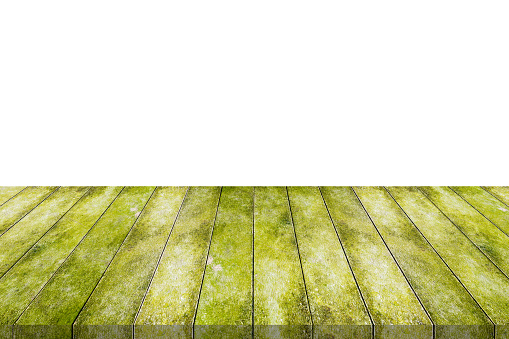 Empty green wooden table top isolated on white background for product display montage