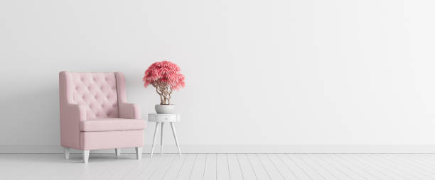white concrete wall with pastel pink armchair, minimal interior design. 3d render