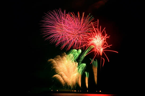 istock Fireworks launched from above the sea 1288180790