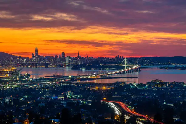 The San Francisco skyline as scene from the Oakland Hills during a late-fall sunset.