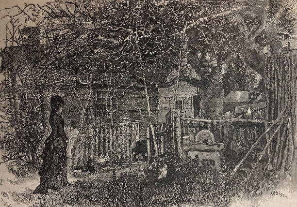 bildbanksillustrationer, clip art samt tecknat material och ikoner med antik illustration - kvinna i en lång klänning närmar sig ett hus med en övervuxen gård - skräpig trädgård hus