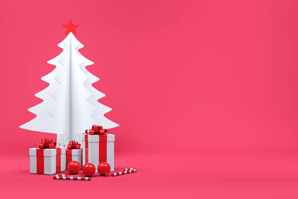 istock White gift box red ribbon stack among candy white christmas tree in red background. Minimal Christmas concept idea 3d render. 1288190982