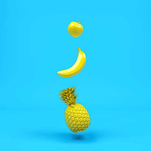 yellow dropping banana in green background minimal concept idea 3d render. - apple fruit surreal bizarre imagens e fotografias de stock
