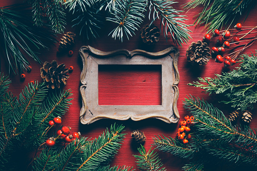 Rustic wooden picture frame on red background with pine tree branches.