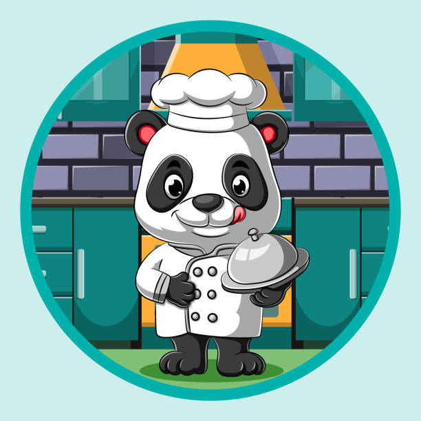 The panda chef holding the metal silver platter and using the white costume The illustration of the panda chef holding the metal silver platter and using the white costume fat humor black expressing positivity stock illustrations