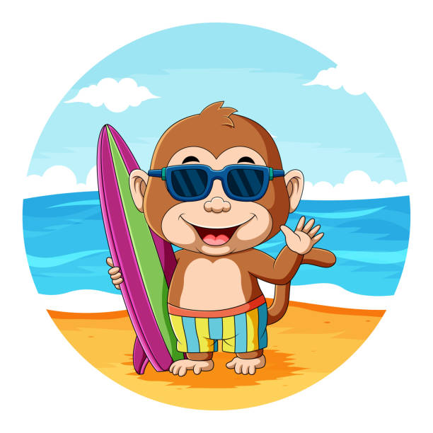 ilustrações de stock, clip art, desenhos animados e ícones de the baby monkey holding the surfing board and using the sunglasses in the beach - 7678