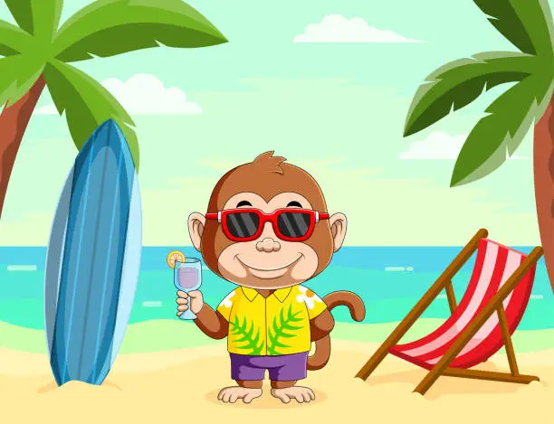 Vector illustration of The monkey doing the vacation in the beach and holding the orange juice with the beautiful view