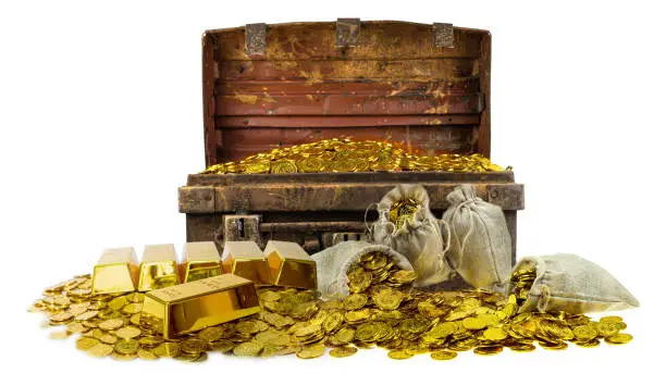 A lot of stacking gold coins in treasure stack and gold bar 1kg on white background