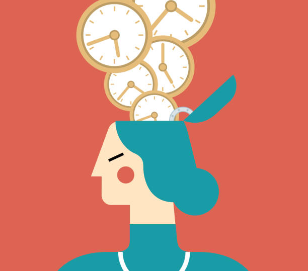 Businesswoman - Working Late Time (Clock) falling into a woman’s open head managing stress stock illustrations