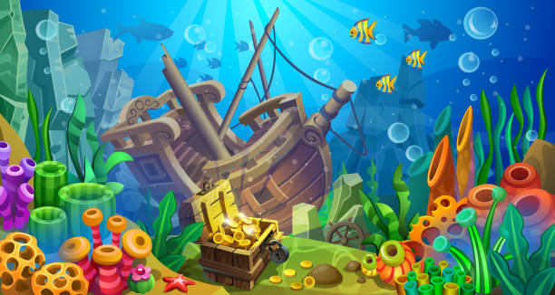 Treasure chest with a sunken wooden ship on a sandy bottom among seaweed, coral and fish. Treasure chest with a sunken wooden ship on a sandy bottom among seaweed, coral and fish. Underwater world. sunken stock illustrations