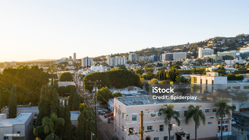 Aerial Drone shot of WeHo Residential District Aerial drone shot of the residential part of West Hollywood California. City Of Los Angeles Stock Photo