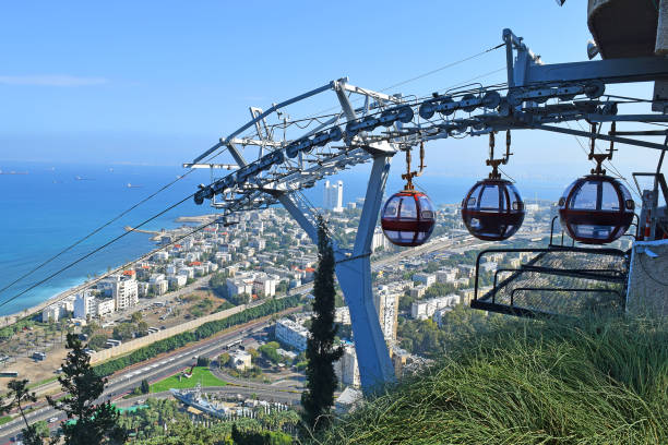 Haifa, Israel, november 17, 2020 : cabins of the cable car at the upper station on Mount Carmel against the background of the lower city and the Mediterranean Sea in Haifa in northern Israel
