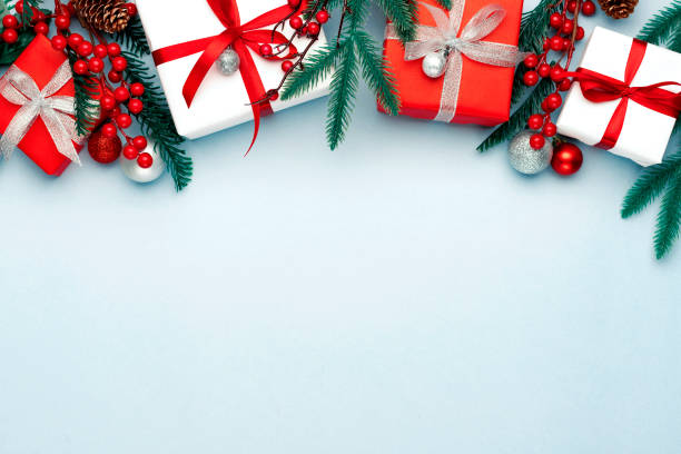istock Christmas decorations on the blue background. Flat lay, top view with copy space for your text. 1288209123
