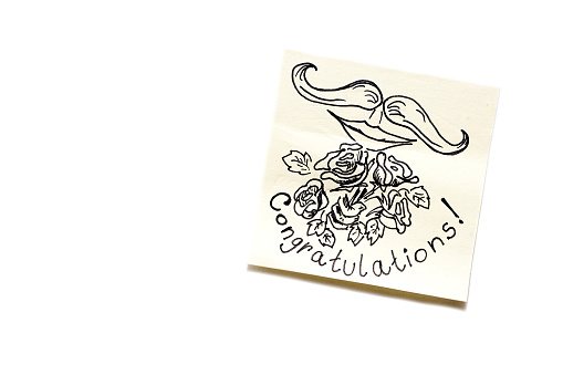Congratulation, a bouquet of roses and a man's mustache. Marker drawing. Congratulations stickers