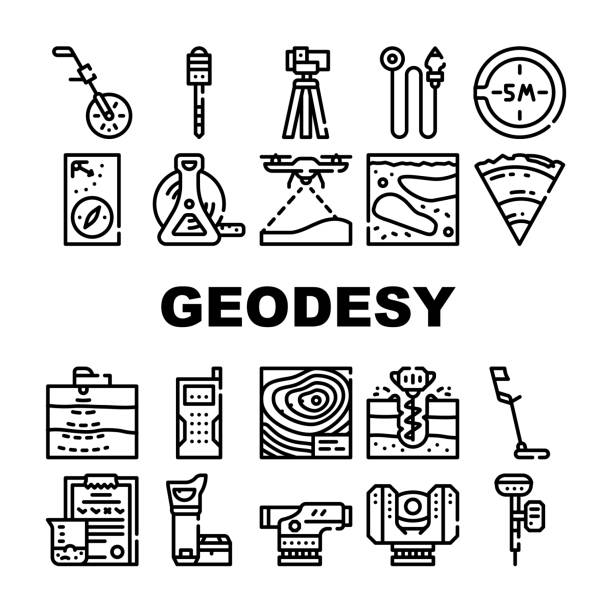 geodezji equipment collection ikony zestaw wektor ilustracja - geodezja stock illustrations
