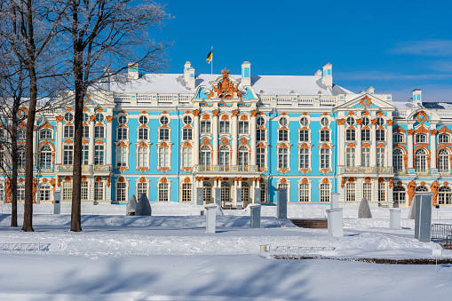 Saint Petersburg, Russia - January 2020: Catherine palace and park in winter, Tsarskoe Selo (Pushkin)