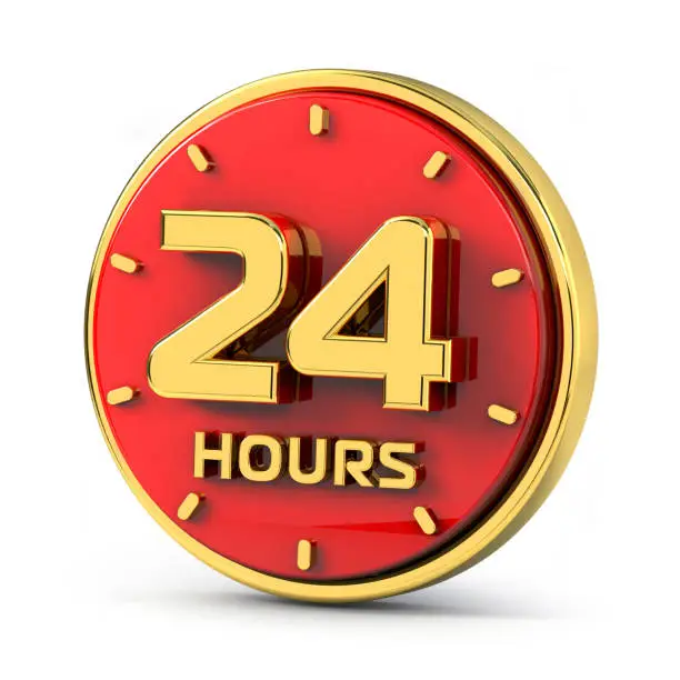 Golden 24 hours on red background. 24 hrs gold. 3d illustration.
