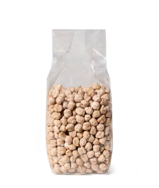 Chickpeas in Plastic Package - Close-Up - Isolated on White Background