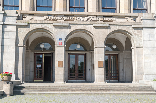 Prague, Czech Republic - July 10, 2020: Entrance to Faculty of Law of the Charles University.