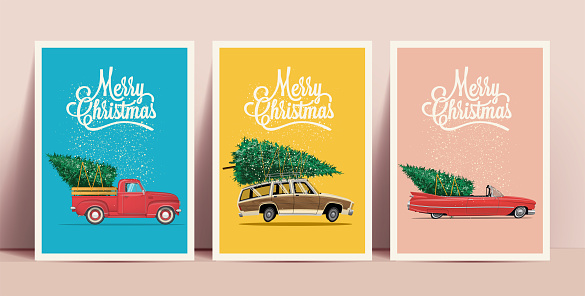 Christmas posters or cards set with cartoon retro cars with christmas tree on board with Merry Christmas lettering on colored backgrounds. Vector eps 10 illustration