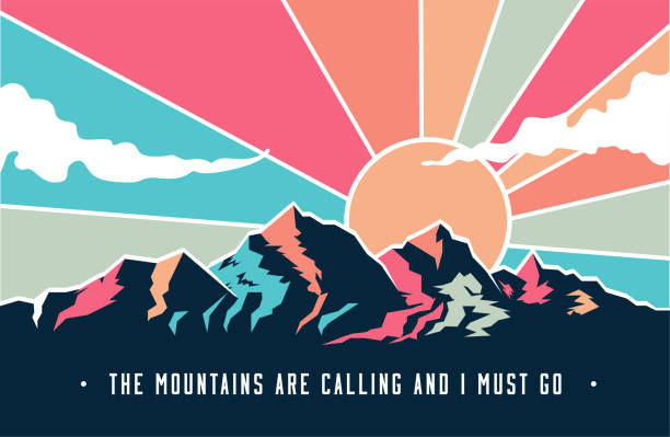 Vintage styled mountains landscape with mountains peaks and retro colored sky with clouds. Vector illustration Vintage styled mountains landscape with mountains peaks and retro colored sky with clouds. Vector eps 10 illustration colorado illustrations stock illustrations