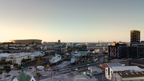 Cityscape Cape Town at sunset looking towards the waterfront and Cape Town stadium