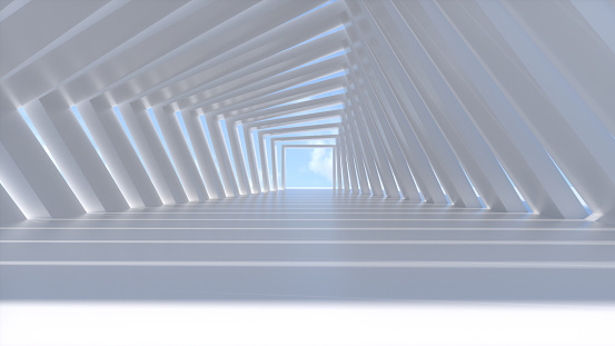 3D Rendering of abstract white color tunnel, door to sky.